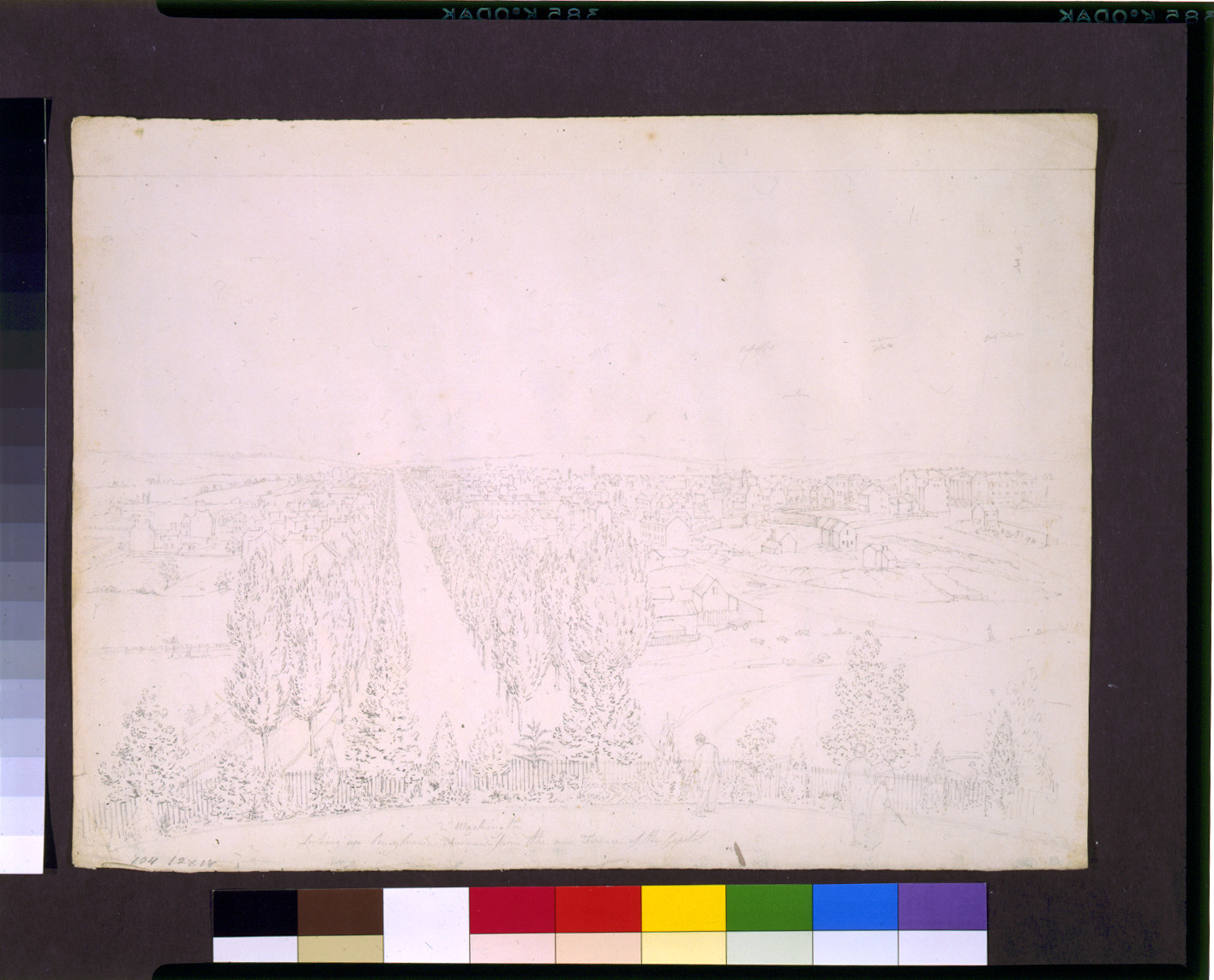 Pencil sketch of a tree-lined avenue and distant town — historic image