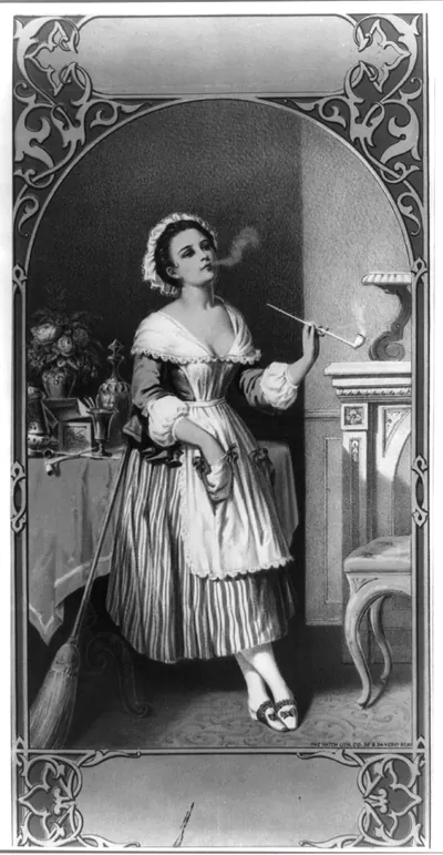 [Stock form for tobacco label; girl in apron leaning on broom and smoking pipe]