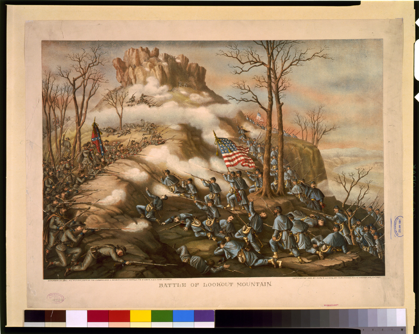 Battle of Lookout Mountain--November 24' 1863 - 4' & 14' Corps, Army of the Cumberland & Geary's Div. o. 12' Corps, & 11' & 15' Corps A.O.T. Tenn. engaged, c1889. — antique lithograph