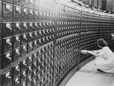 Woman at Main Reading Room Card Catalog in The Library of Congress