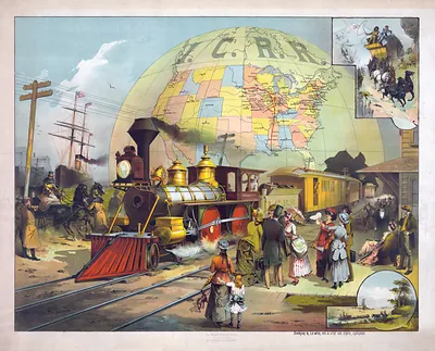 Locomotive before a globe marked C.R.R., with railway travelers