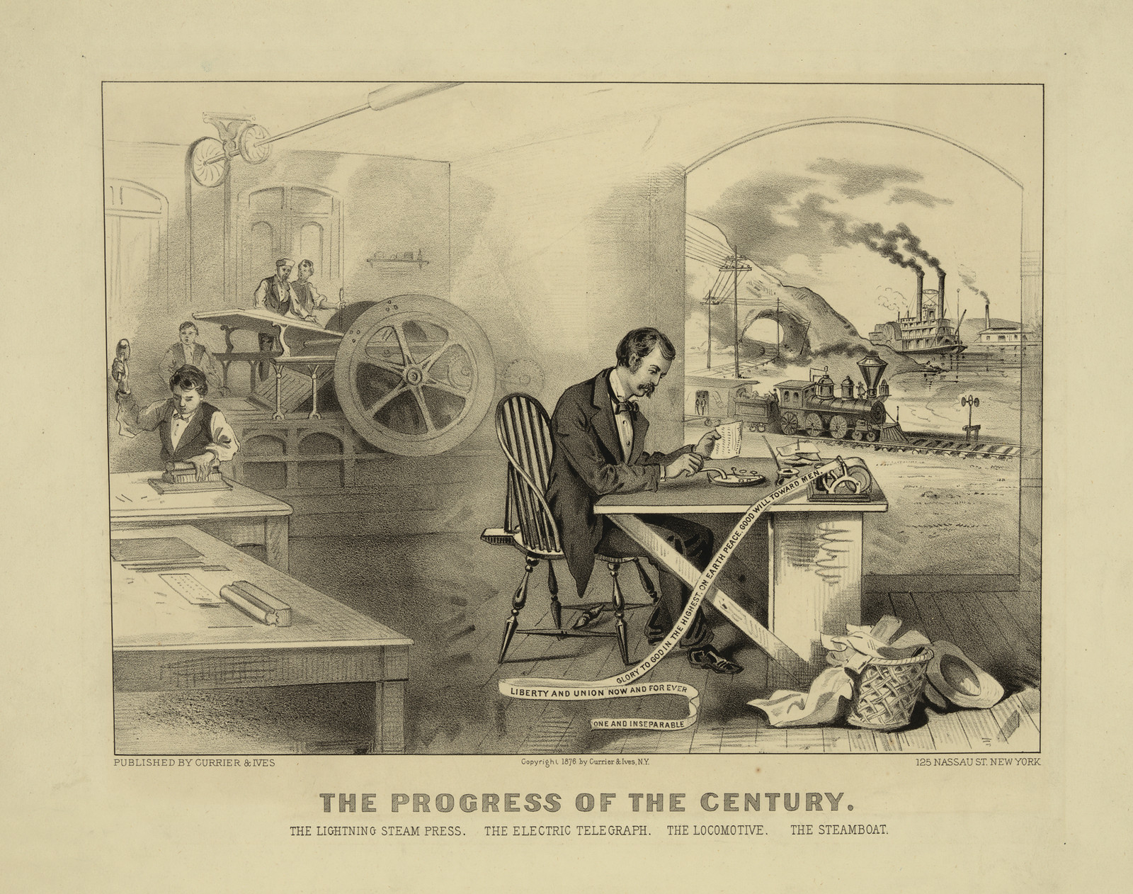 The progress of the century - the lightning steam press, the electric telegraph, the locomotive, [and] the steamboat, New York : Published by Currier & Ives, c1876. — historic image