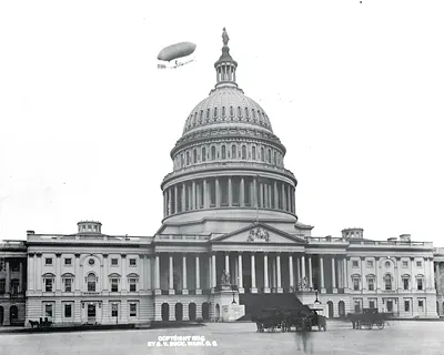 [East front of the U.S. Capitol, with airship (drawn?) above, Washington, D.C.]
