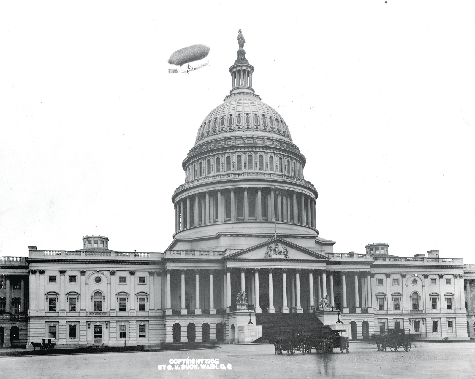 [East front of the U.S. Capitol, with airship (drawn?) above, Washington, D.C.], c1906. — historic photograph
