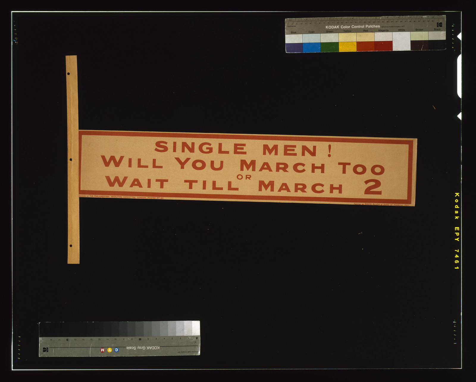 Single men! Will you march too or wait till March 2 / printed by David Allen & Sons Ld., Harrow, Mdx., London : Parliamentary Recruiting Committee, [1915] — vintage poster