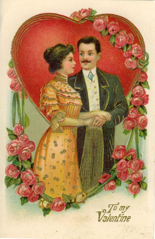 Victorian Valentine card with couple and red rose heart — historic image