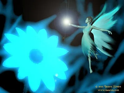 Glowing fairy reaching toward light beside blue flower