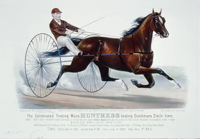 The celebrated trotting mare Huntress beating Dutchman's 3 mile time: 1872-Sept. 23rd Prospect Fair grounds L.I. purse $1,250 dash three miles, with $1000 added, to the horse beating Dutchmans time 7:32 1/2 $700 to first, $350 to second, $200 to third