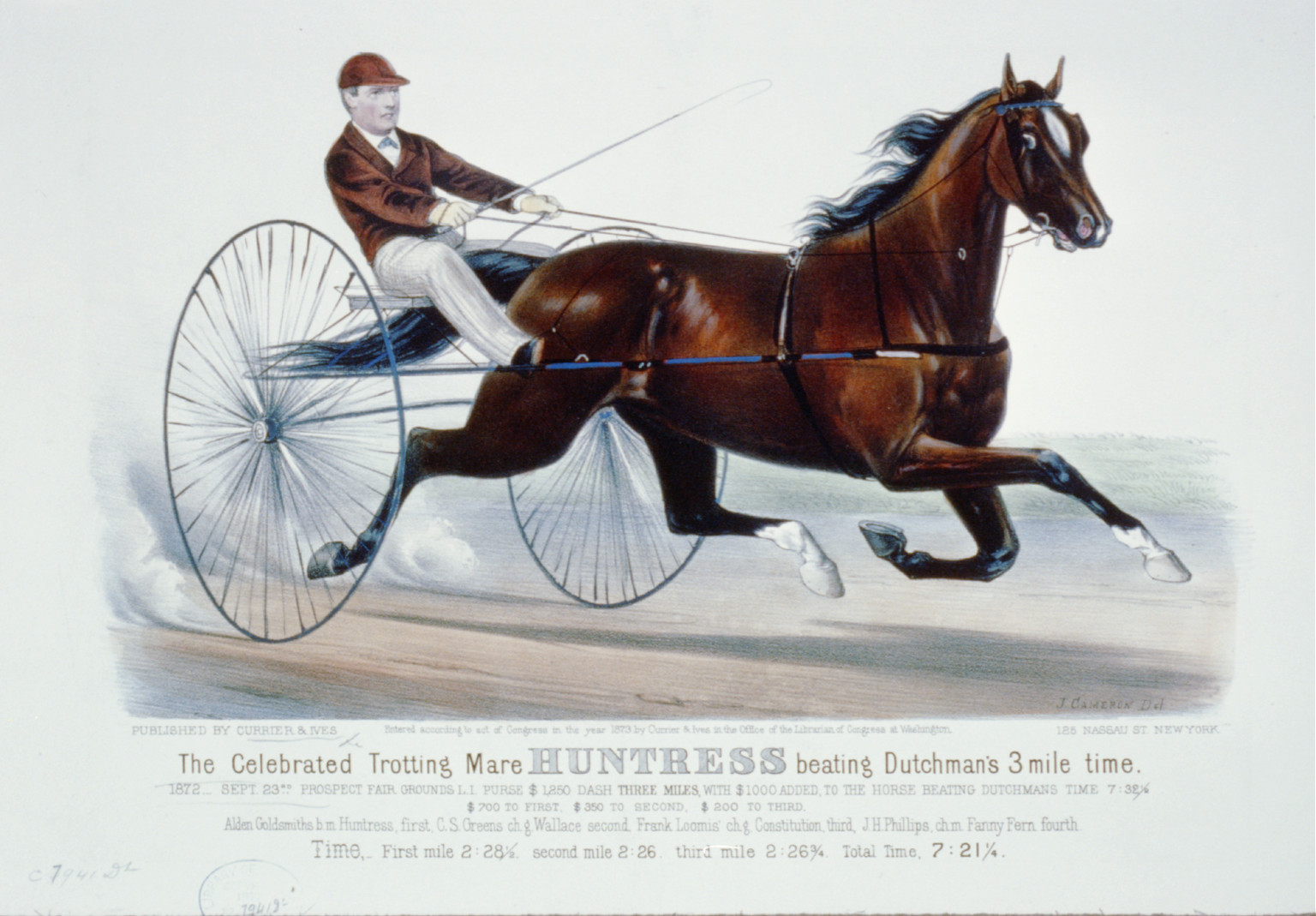 The celebrated trotting mare Huntress beating Dutchman's 3 mile time: 1872-Sept. 23rd Prospect Fair grounds L.I. purse $1,250 dash three miles, with $1000 added, to the horse beating Dutchmans time 7:32 1/2 $700 to first, $350 to second, $200 to third, [New York] : Currier & Ives, 1873. — antique lithograph