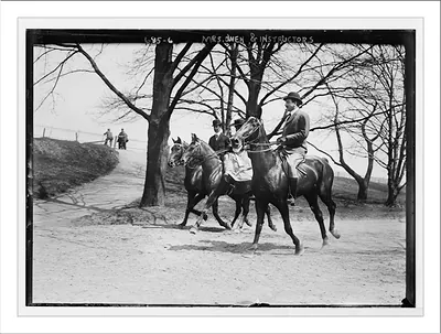 Mrs. Owen and two instructors, horseback riding in park