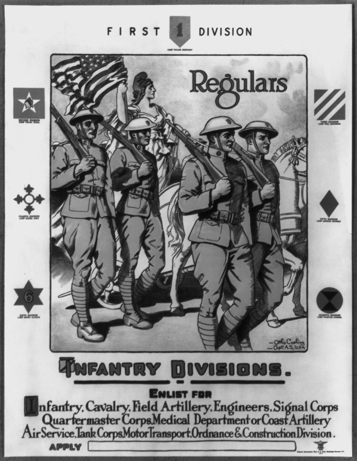 First division regulars - Infantry divisions - Enlist for infantry cavalry field artillery [...] / Otho Cushing Capt. A.S. U.S.A., 1919 — vintage poster