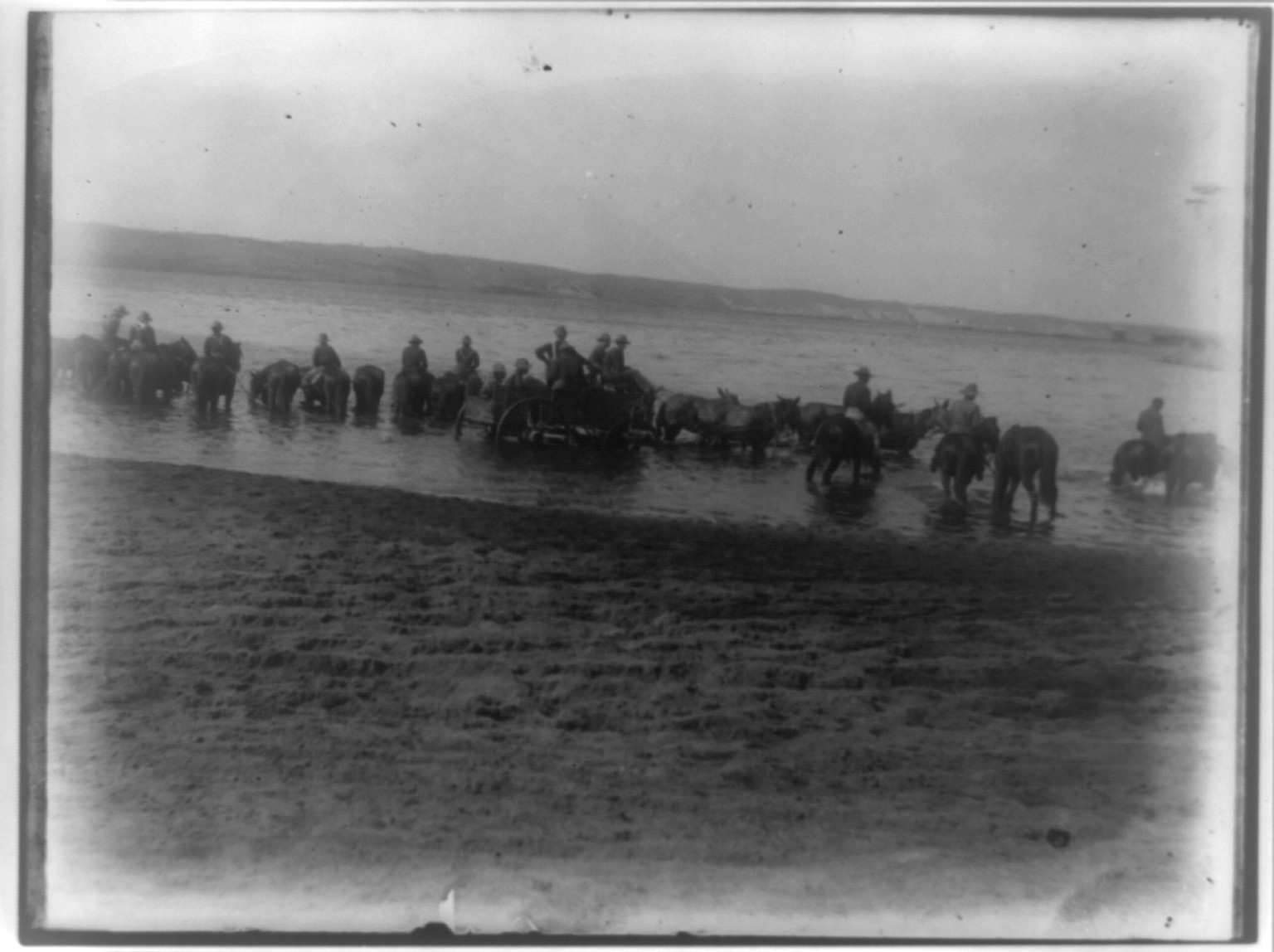 [Rough riders on horseback in water with wagon at Montauk Point], [1898] — historic photograph