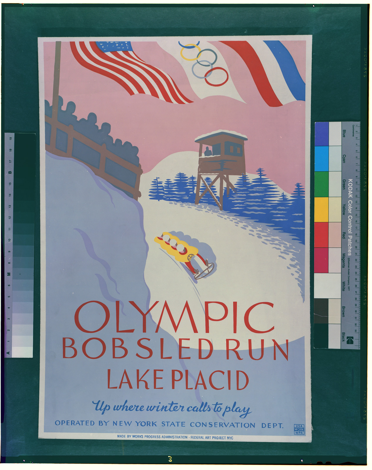 Olympic bobsled run Lake Placid Up where winter calls to play., 1936 — vintage poster