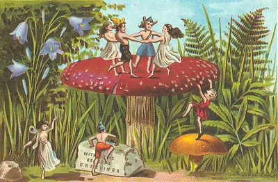 Fairies and elves dancing on a mushroom, season's greetings card