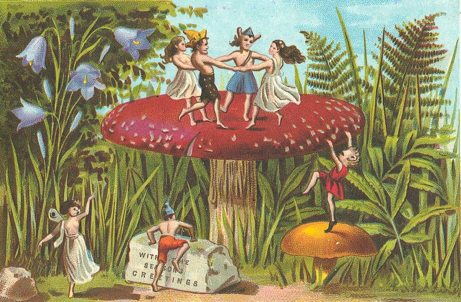 Fairies and elves dancing on a mushroom, season's greetings card — historic image