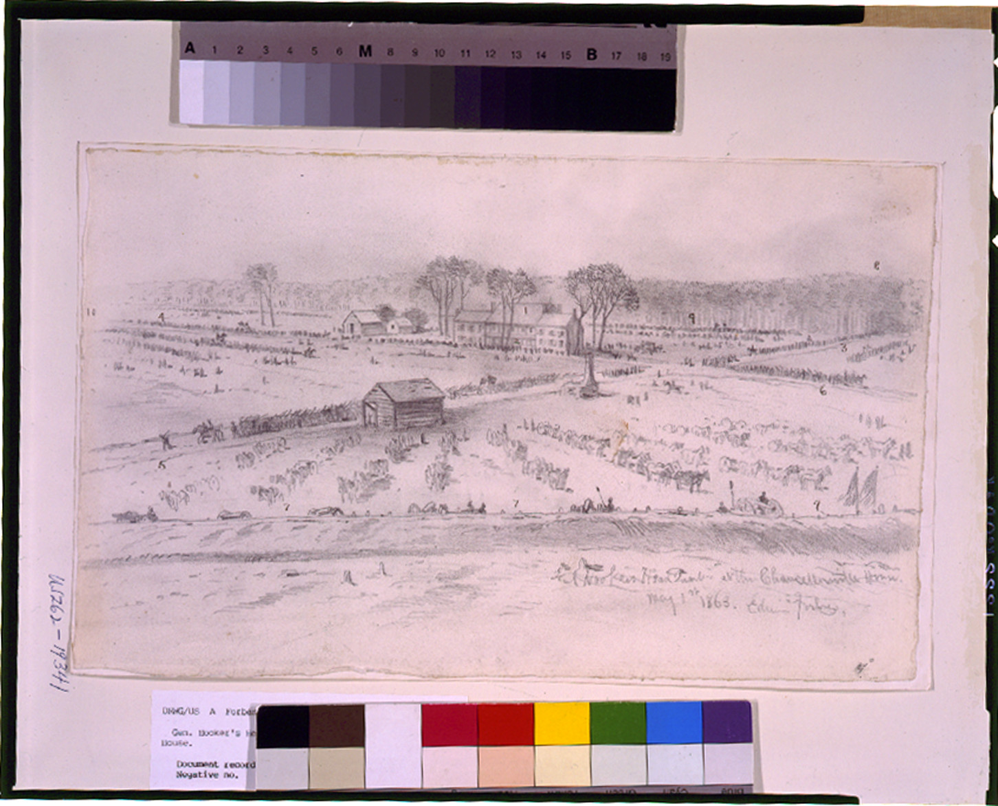 Gen. Hooker's headquarters at the Chancellorsville house / Edwin Forbes., 1863 May 1. — historic drawing