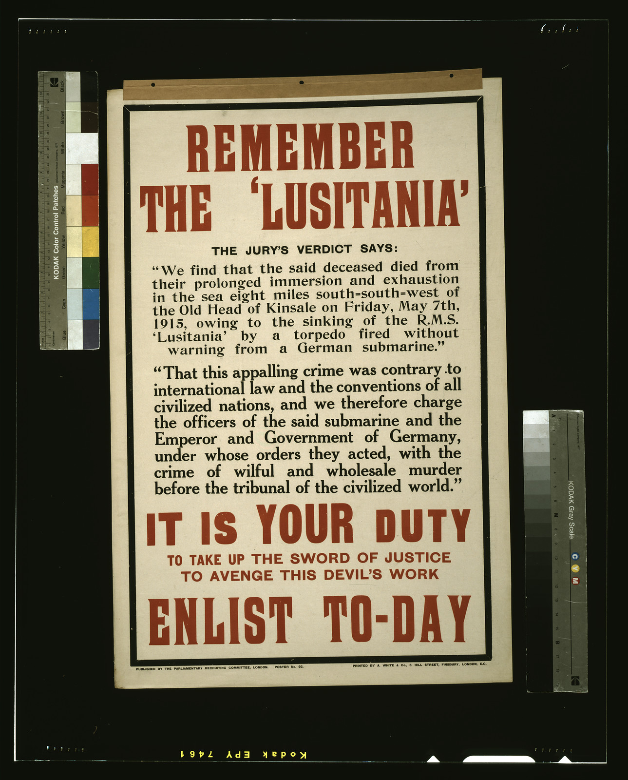 Remember the Lusitania ... Enlist to-day / printed by David Allen & Sons Ld., Harrow, Middlesex., London : published by the Parliamentary Recruiting Committee, [1915] — vintage poster