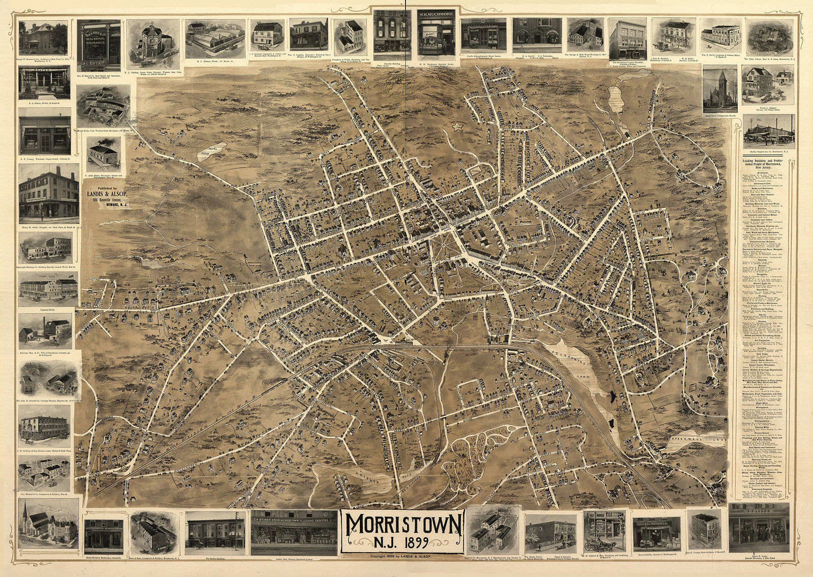 Morristown, N.J. 1899 bird's-eye view map, 1899 — antique map