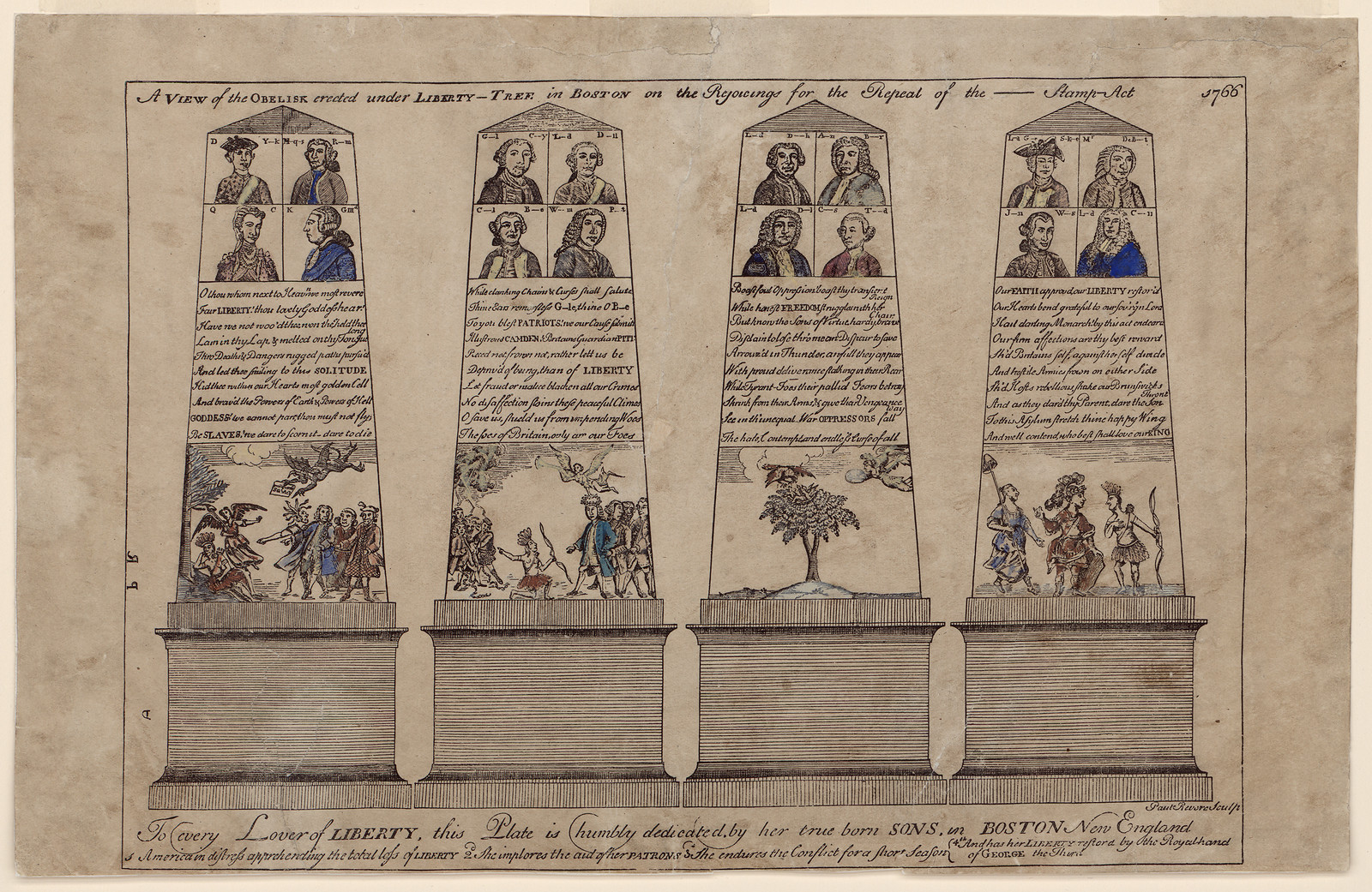 A view of the obelisk erected under Liberty-tree in Boston on the rejoicings for the repeal of the ---- Stamp Act 1766 Paul Revere sculp — historic image