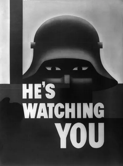 He's watching you. This poster, designed by Glen Grobe, well-known artist of Westport, Connecticut, is being distributed by the Division of Information, OEM (Office of Emergency Management). The poster is distributed in two sizes, 40 X 28 and 14 X 10. The original is printed in three colors: black, yellow and blue.