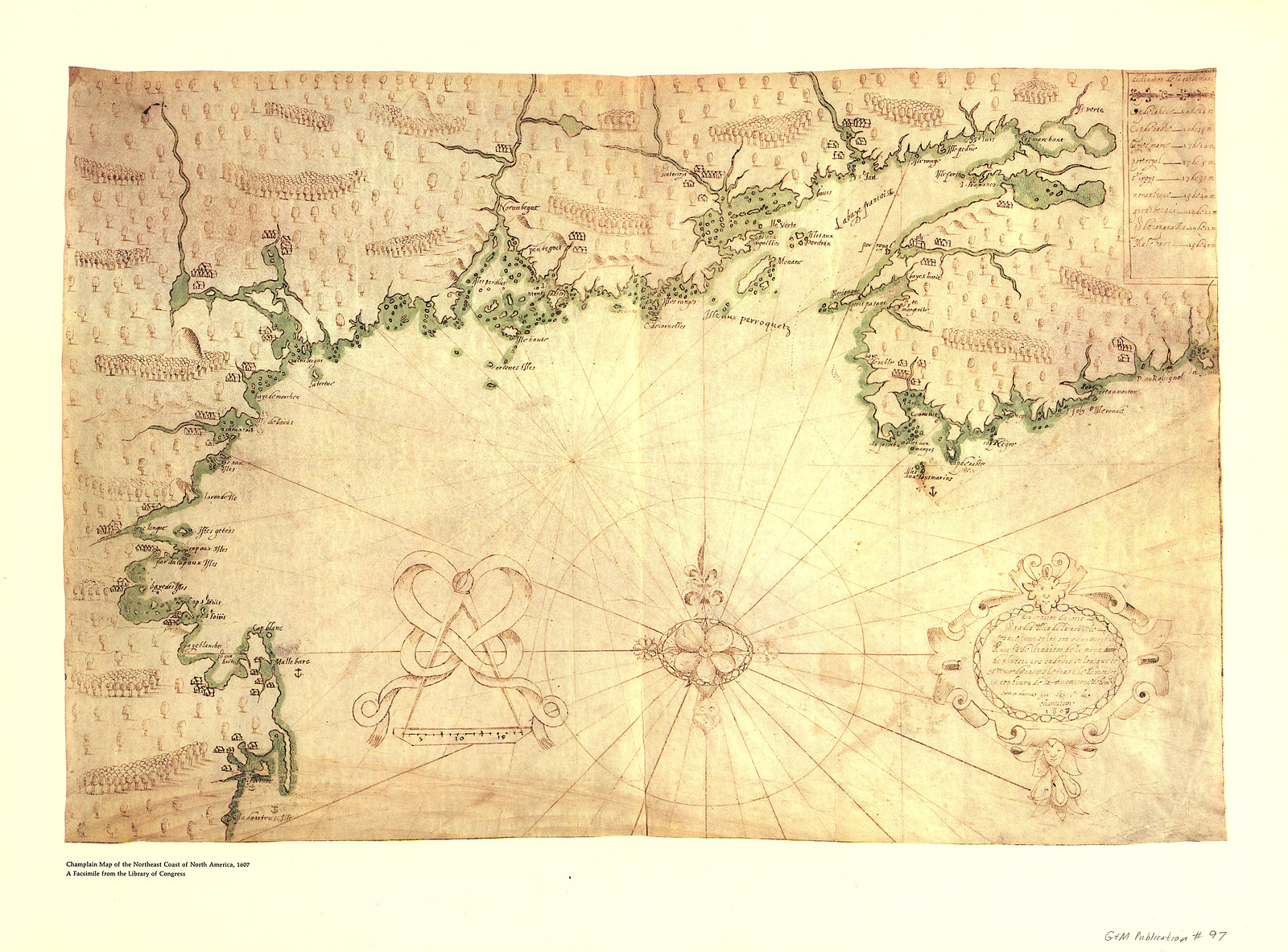 Map of the northeast coast of North America, 1607, drawn by Samuel de Champlain, Massachusetts — antique map