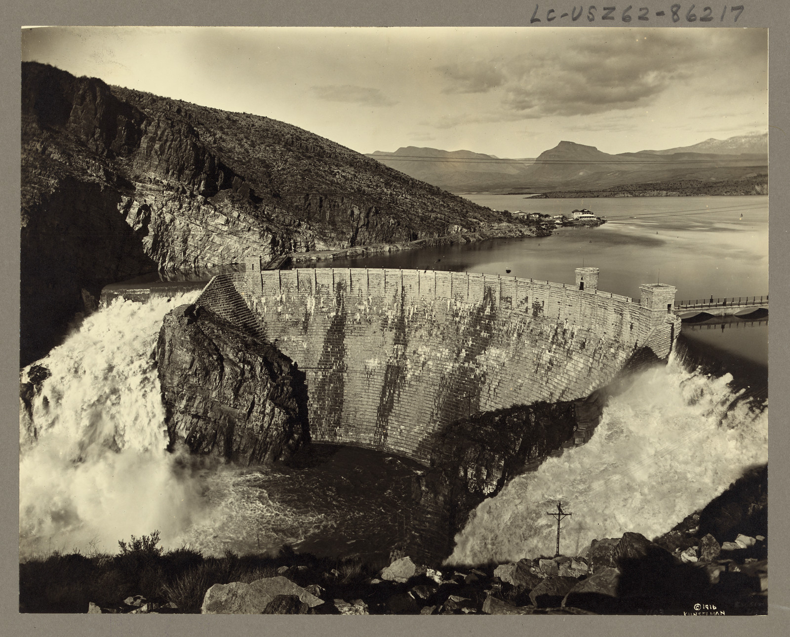 Aerial view of Roosevelt Dam and Roosevelt Lake, c1916 Mar. 18. — historic photograph