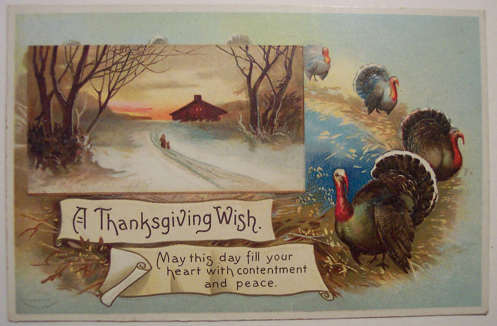 A Thanksgiving Wish postcard with turkeys and a snowy farmhouse — vintage postcard