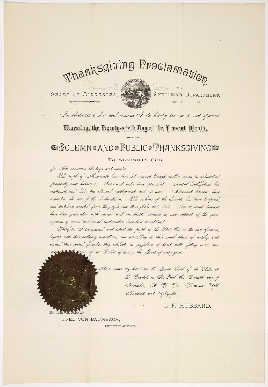 Thanksgiving Proclamation, State of Minnesota, Executive Department, 1885 — historic image