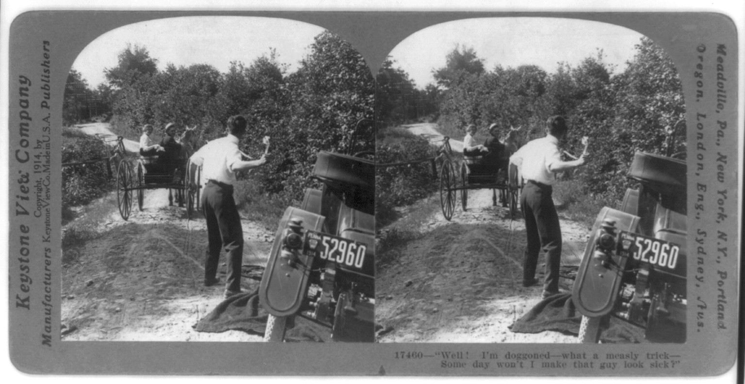 [Picture story in 4 stereoscopic frames: boy & girl drive off in buggy], c1914. — historic photograph