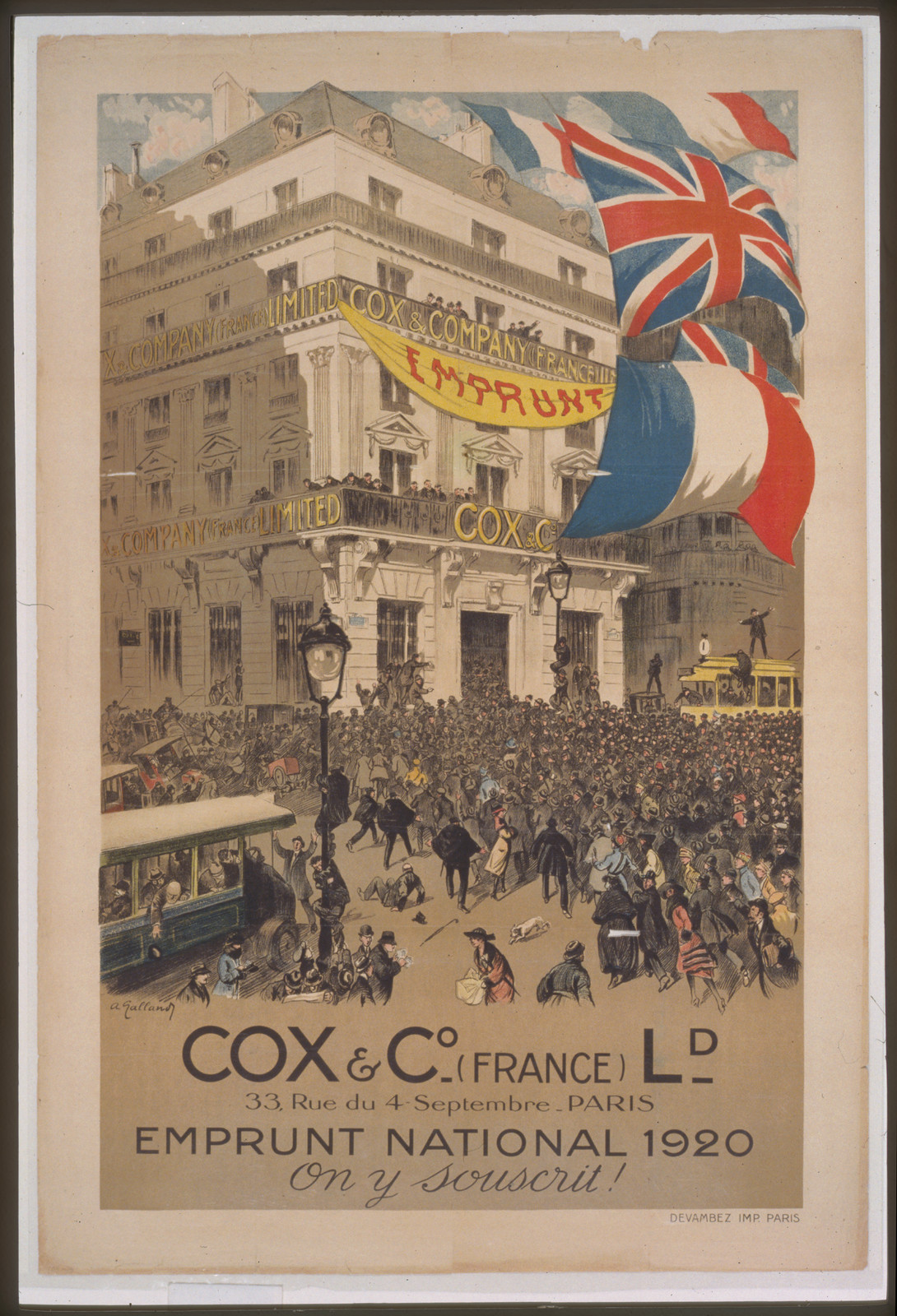 Cox Co. - (France) Ld. . . . Emprunt national 1920 . . . On y souscrit, 1920 — vintage poster