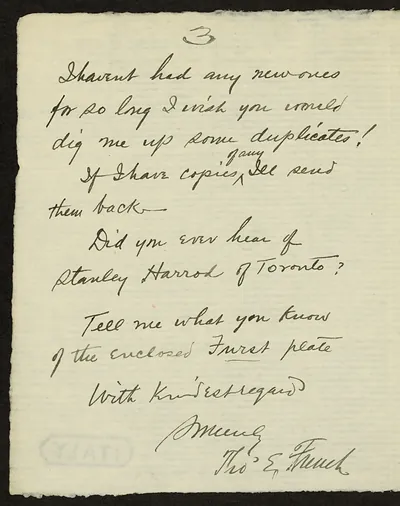 Handwritten manuscript letter signed Thos E French