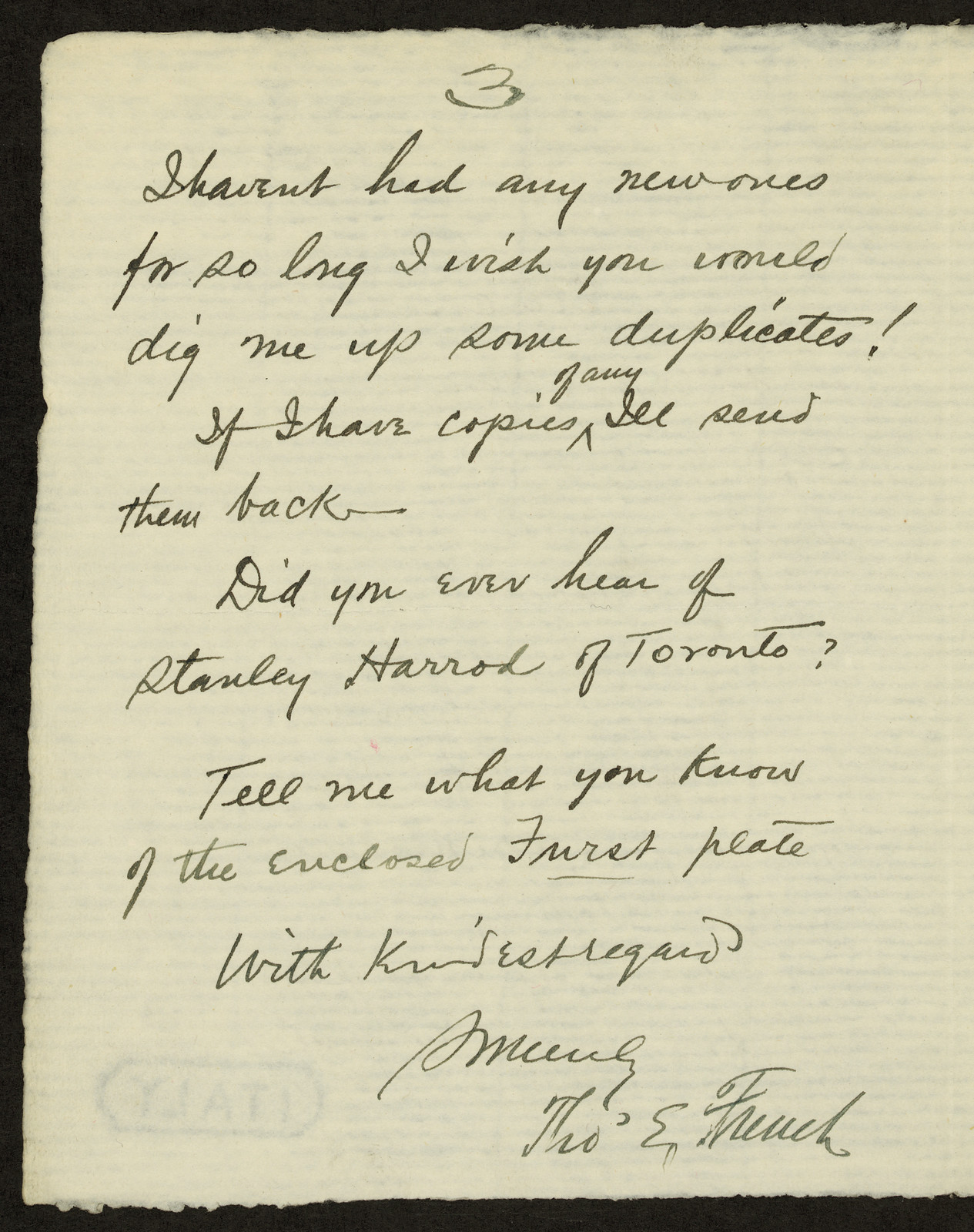 Handwritten manuscript letter signed Thos E French — historic image