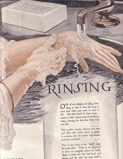 Ivory Soap advertisement titled Rinsing, with hands under a tap
