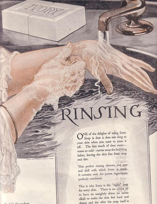 Ivory Soap advertisement titled Rinsing, with hands under a tap — historic image