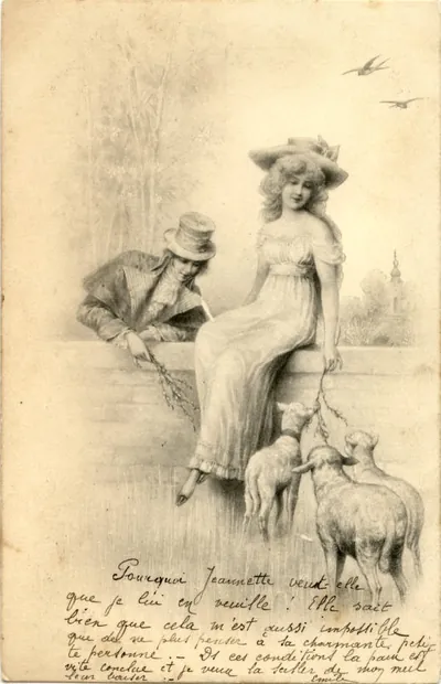 Courting couple with lambs on a wall, handwritten French postcard