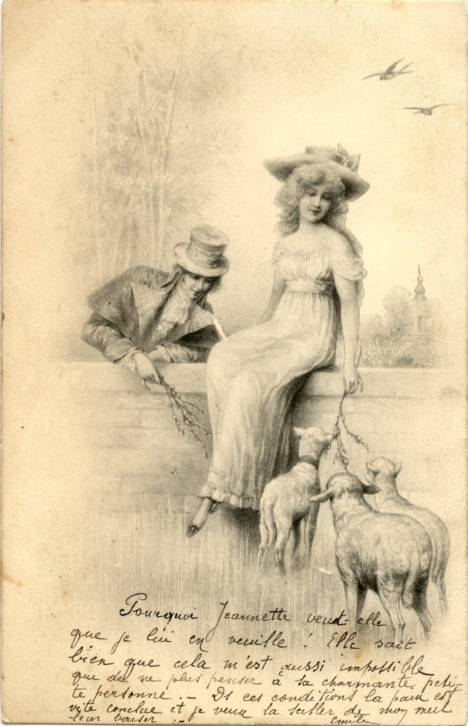 Courting couple with lambs on a wall, handwritten French postcard — vintage postcard