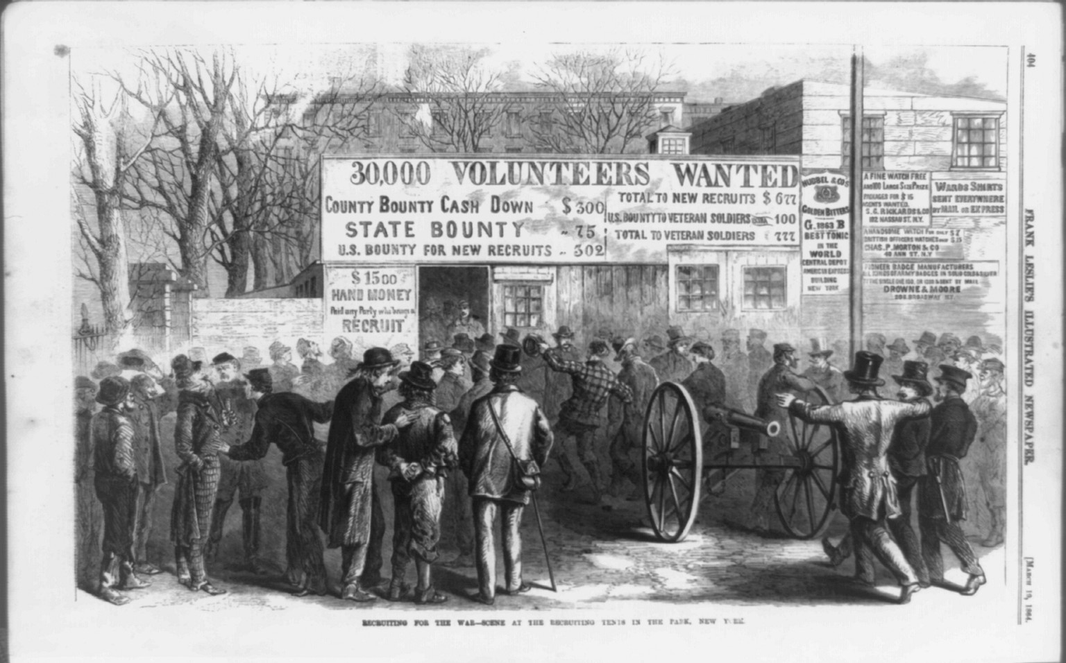 Recruiting for the war--scene at the recruiting tents in the park, New York, 1864 — antique engraving