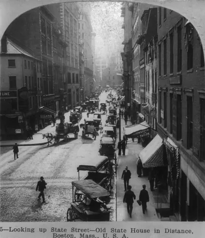 Looking up State Street--old State House in distance, Boston, Mass.