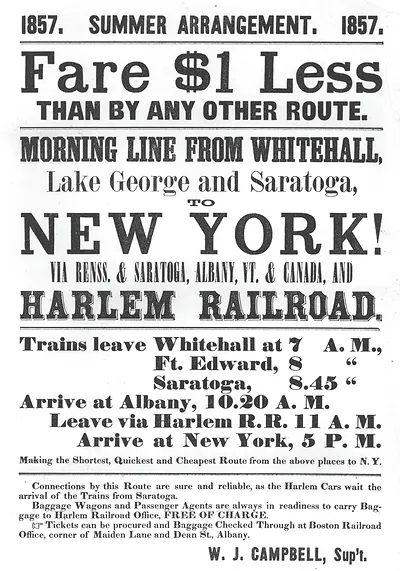 1857 Summer Arrangement timetable handbill for Harlem Railroad to New York