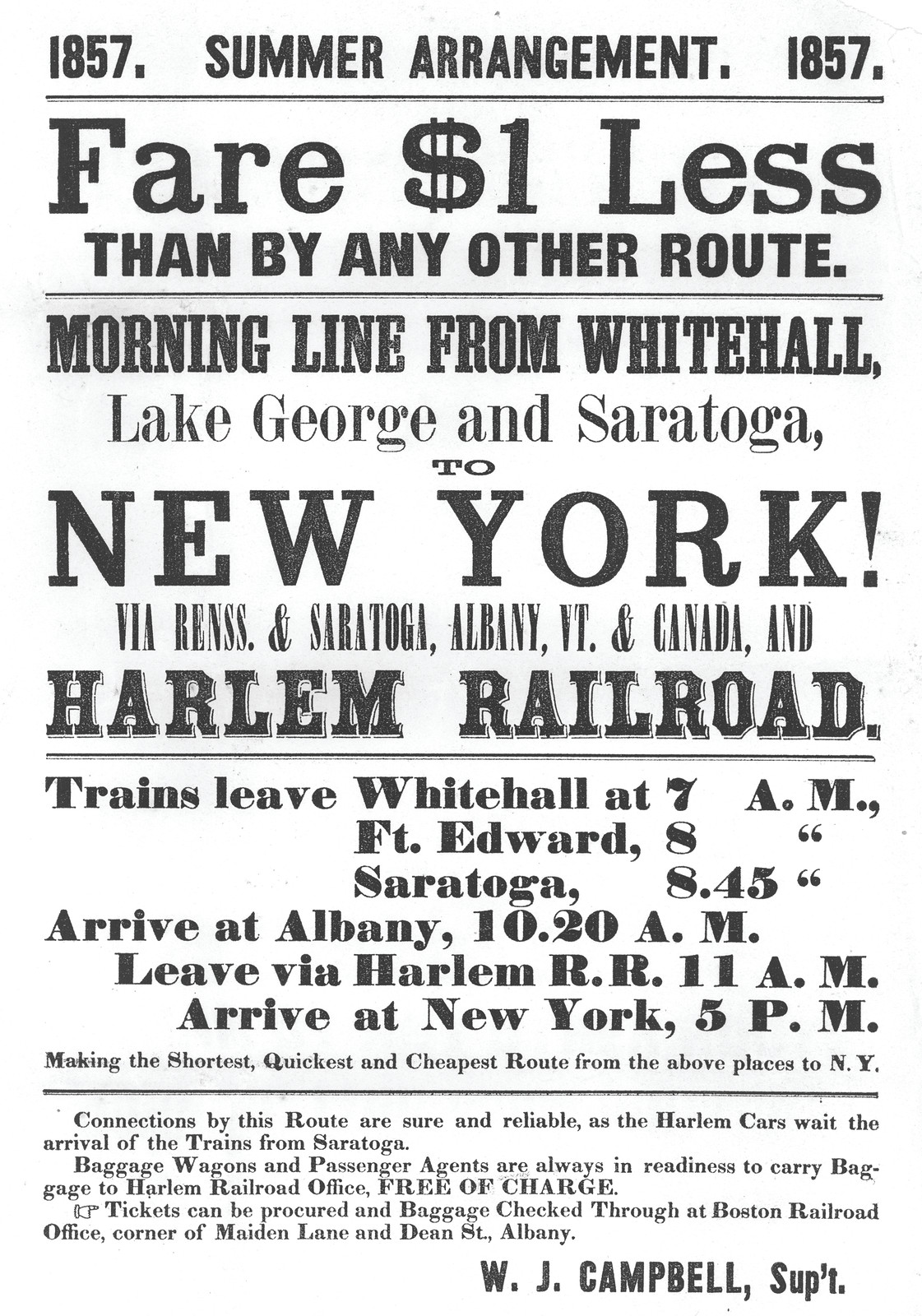 1857 Summer Arrangement timetable handbill for Harlem Railroad to New York — historic image