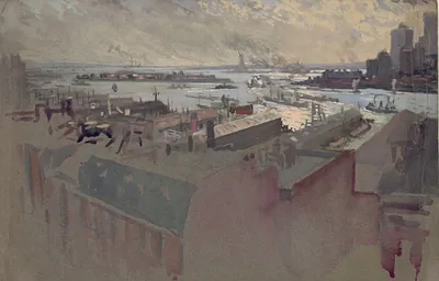 Harbor view with distant Statue of Liberty and rooftops in foreground