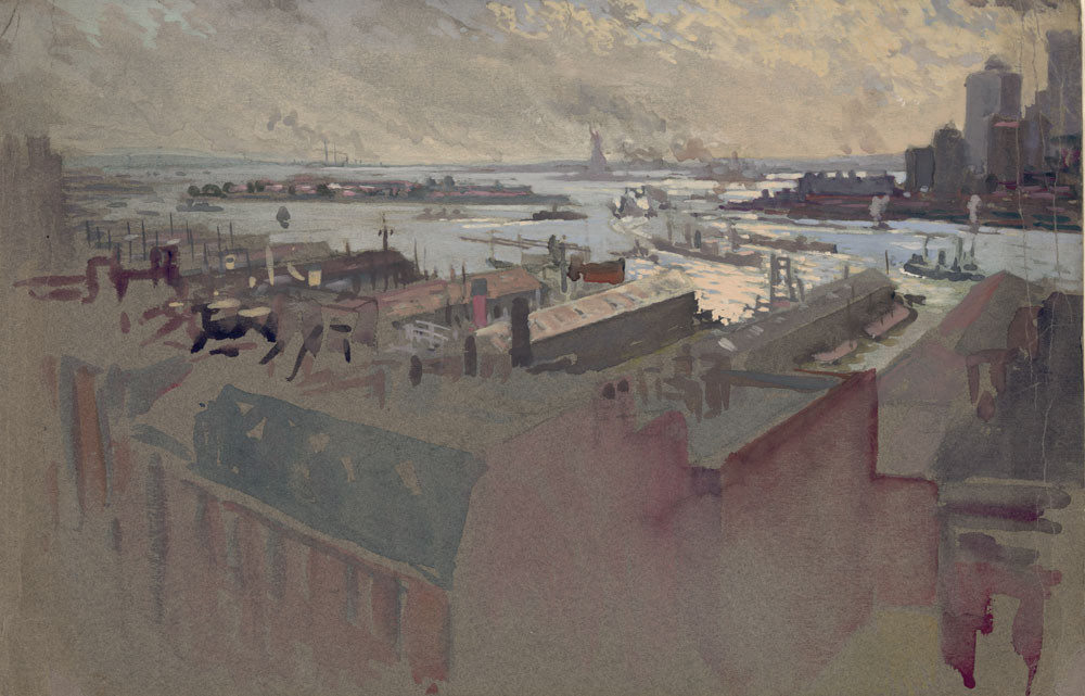 Harbor view with distant Statue of Liberty and rooftops in foreground — historic image