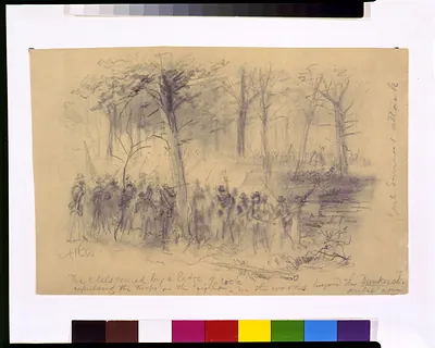 The rebels covered by a ledge of rock repulsing the troops on the right- in the woods beyond the Duncker ch. [sic] Antietam