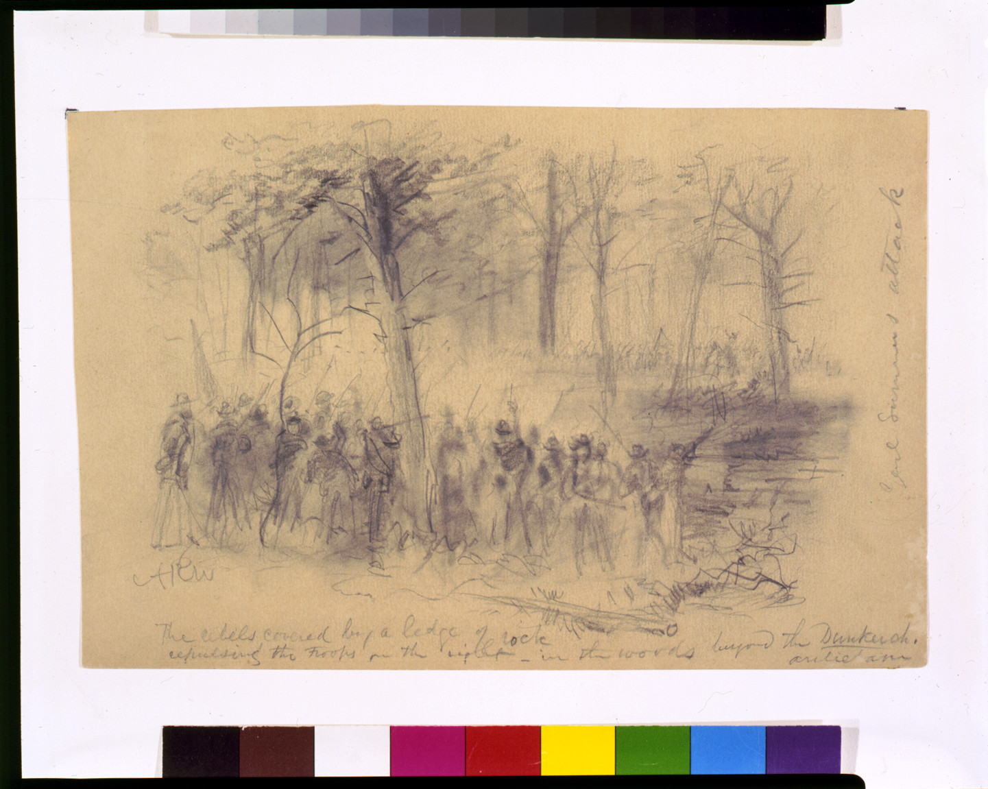 The rebels covered by a ledge of rock repulsing the troops on the right- in the woods beyond the Duncker ch. [sic] Antietam, 1862 September 17. — historic drawing