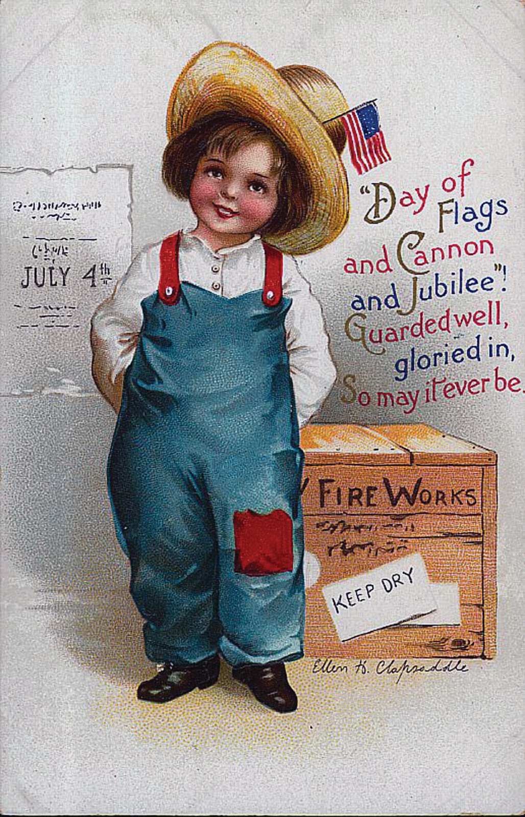 Fourth of July postcard: child beside a Fire Works crate — vintage postcard