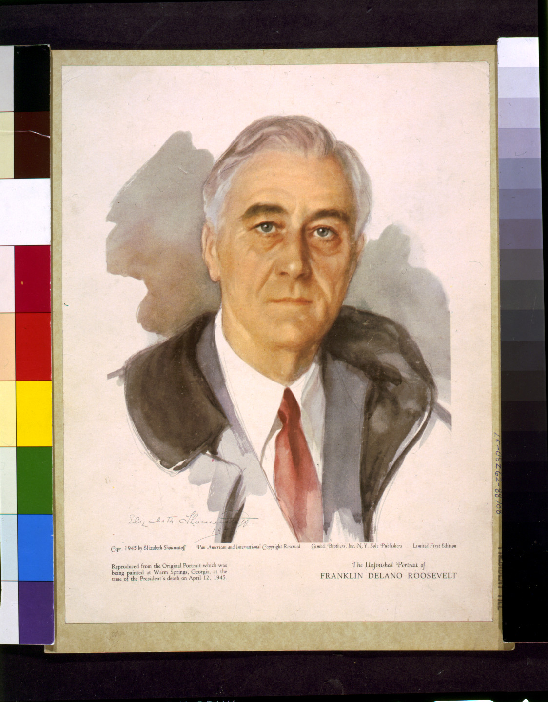 The unfinished portrait of Franklin Delano Roosevelt / Elizabeth Shoumatoff., New York : Gimbel Brothers, c1945. — historic print