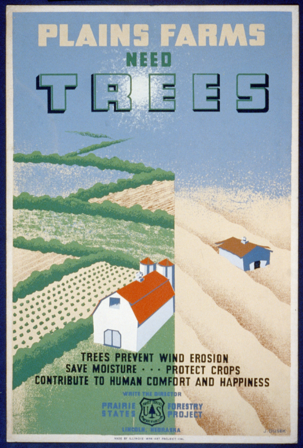 Plains farms need trees Trees prevent wind erosion save moisture ... protect crops co, 1936 — vintage poster