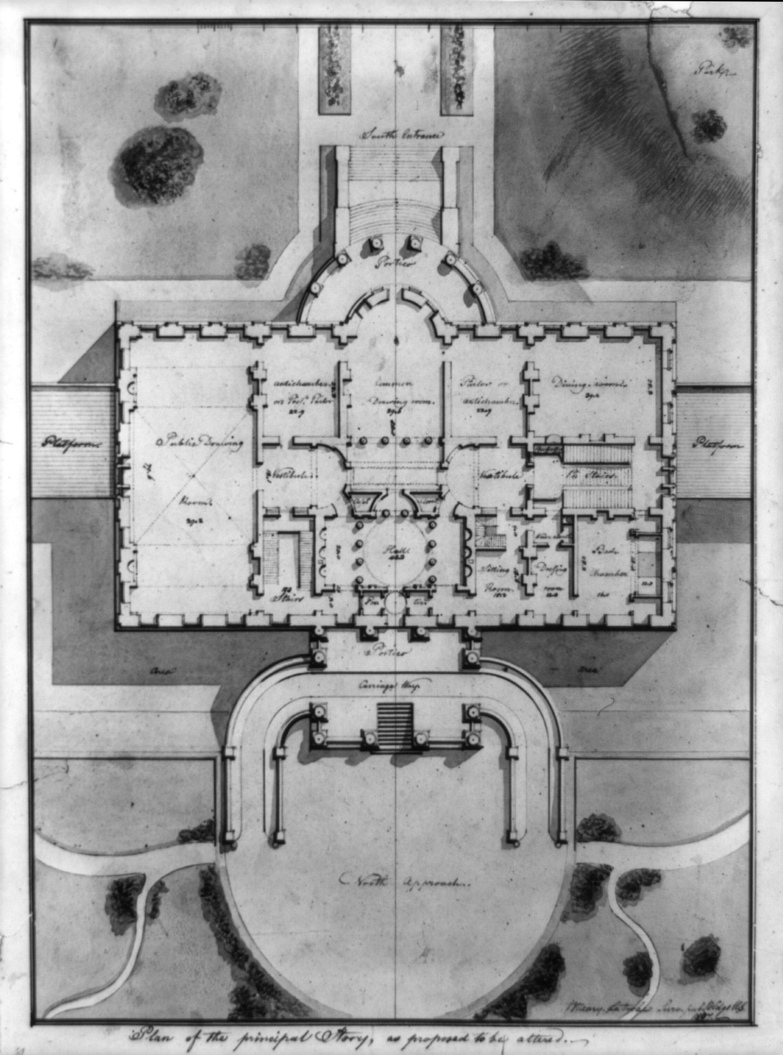 [The White House (President's House") Washington D.C. Site plan and principal story plan]", 1807 — historic drawing