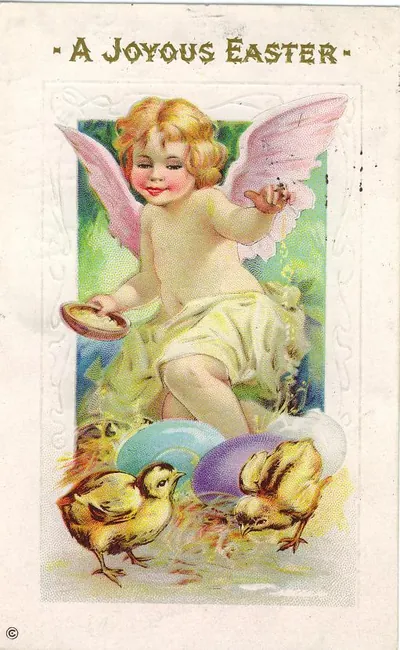 A Joyous Easter: cherub feeding chicks beside painted eggs