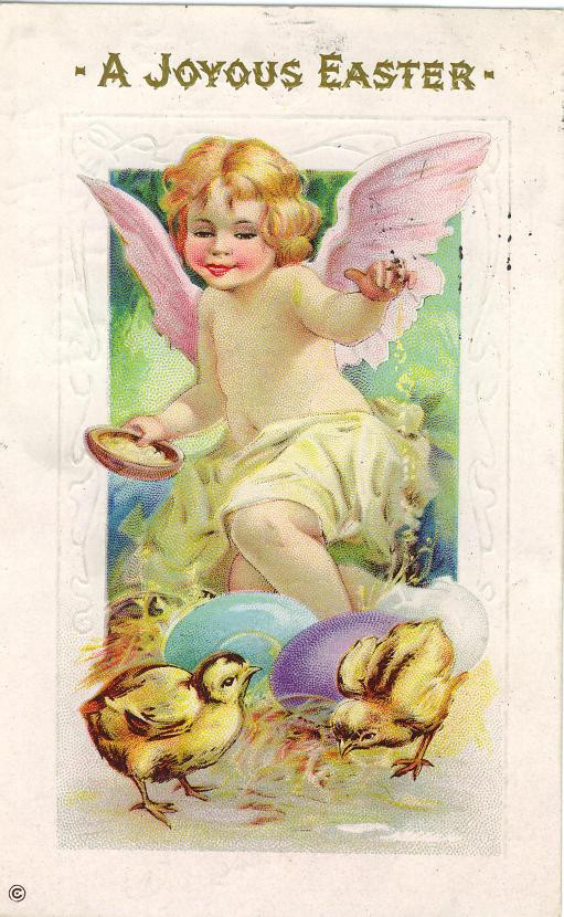 A Joyous Easter: cherub feeding chicks beside painted eggs — historic image